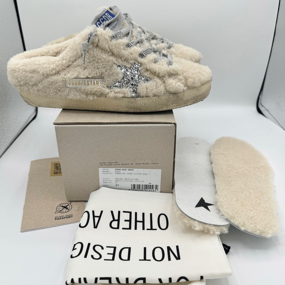 NWT Golden Goose Superstar Sabot Shearling Glitter Sneaker Mule Natural / Silver - Picture 1 of 16